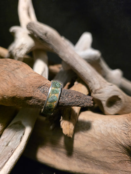 Isle Royal Greenstone and 22K Gold Leaf Sterling Silver Channel Inlay Ring (Size 8) #255