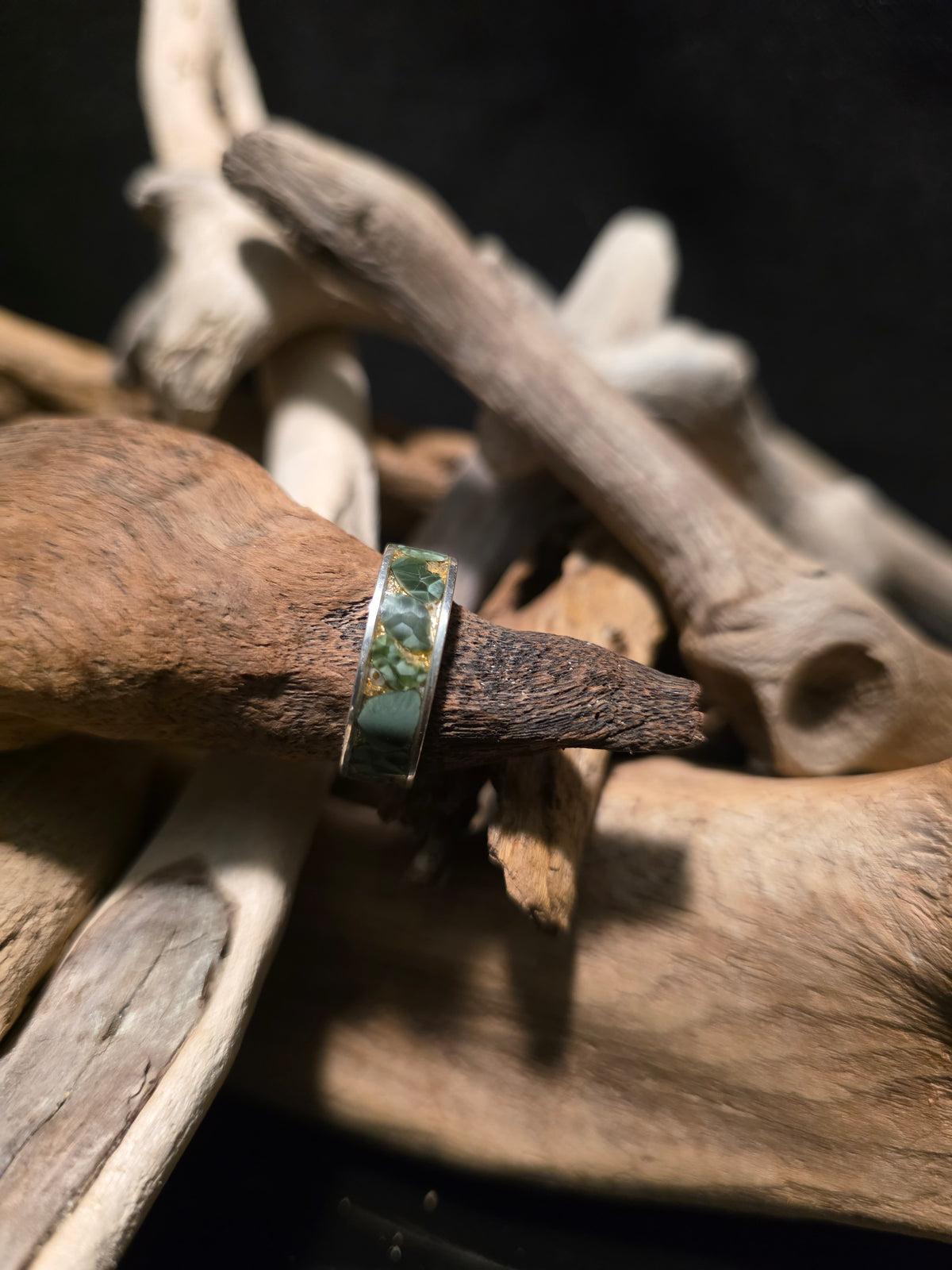 Isle Royal Greenstone and 22K Gold Leaf Sterling Silver Channel Inlay Ring (Size 8) #255