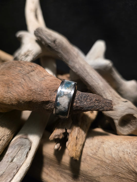 Petoskey Stone and Leland Blue Titanium Channel Inlay Ring (Size 7) #254