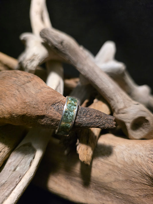 Isle Royal Greenstone and 22K Gold Leaf Sterling Silver Channel Inlay Ring (Size 8) #255