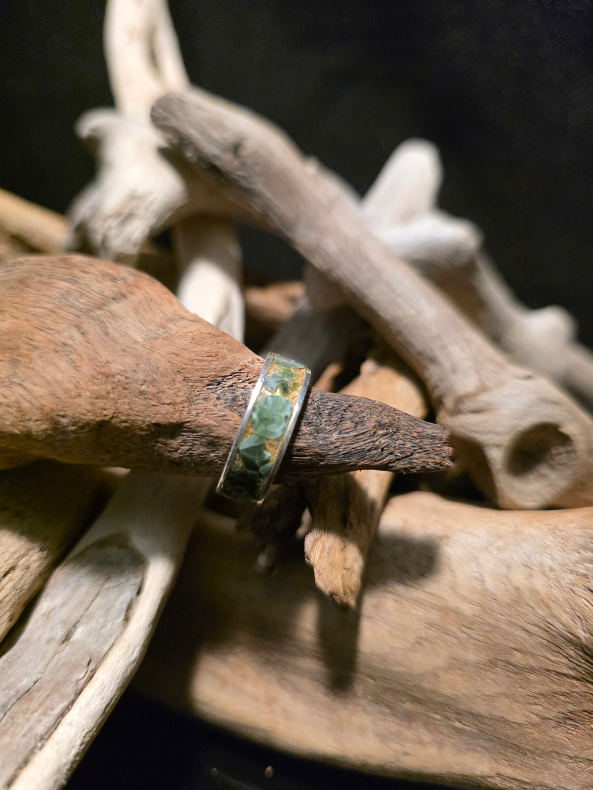 Isle Royal Greenstone and 22K Gold Leaf Sterling Silver Channel Inlay Ring (Size 8) #255