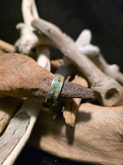 Isle Royal Greenstone and 22K Gold Leaf Sterling Silver Channel Inlay Ring (Size 8) #255
